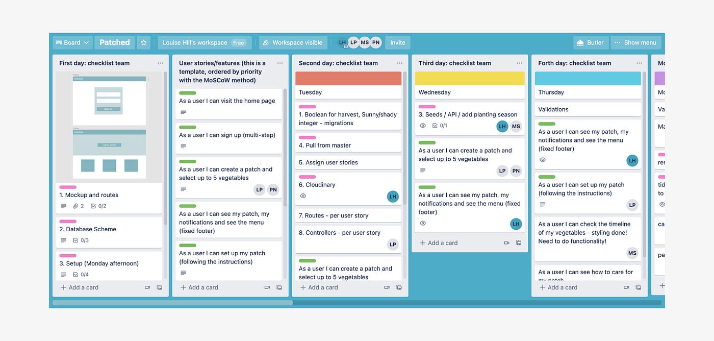 Trello boards from the Patched build — first 4 days