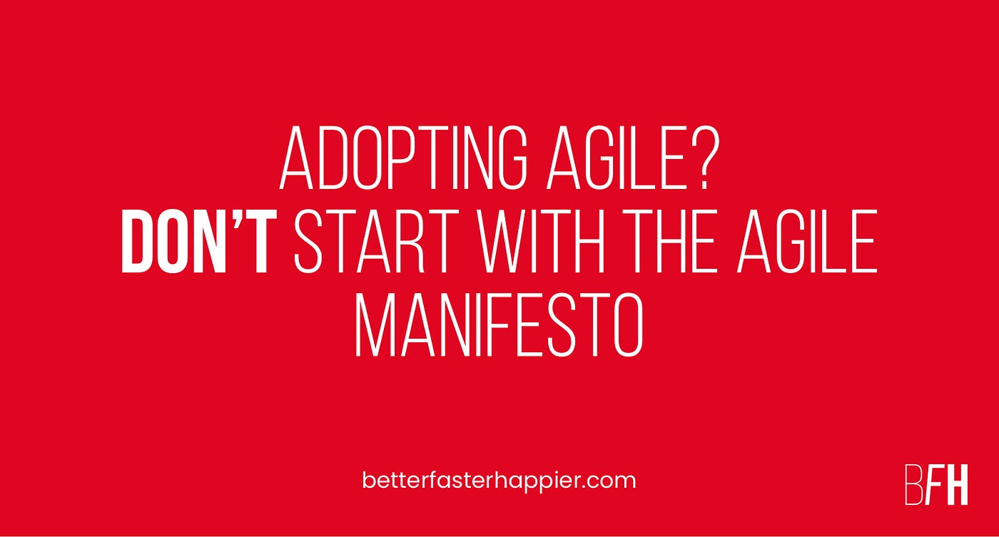 The image is a red square displaying the text “Adopting Agile? Don’t start with the agile manifesto”