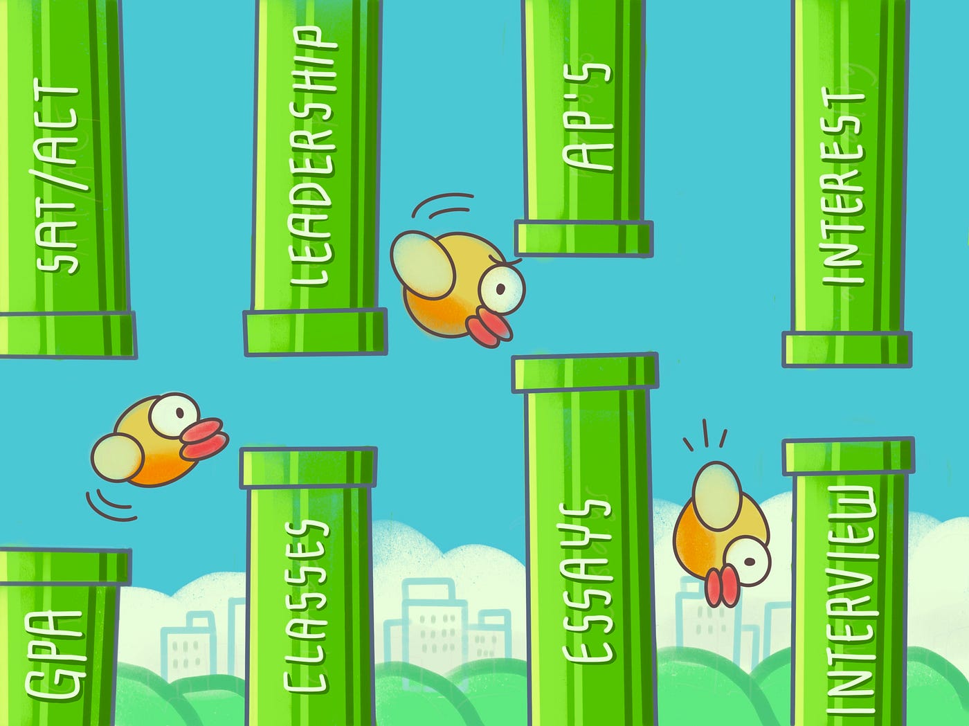 flappy bird trying to get over obstacles to get into college