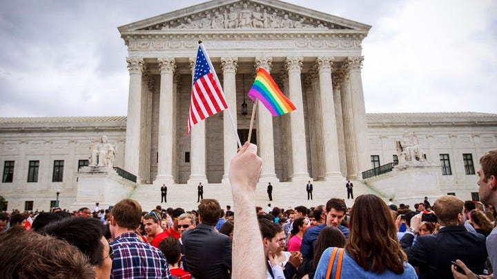 Gay rights protestors outside of the Supreme Court.