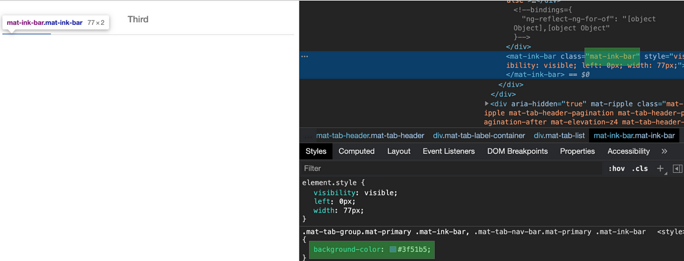 Tab indicator background colour — inspect mode