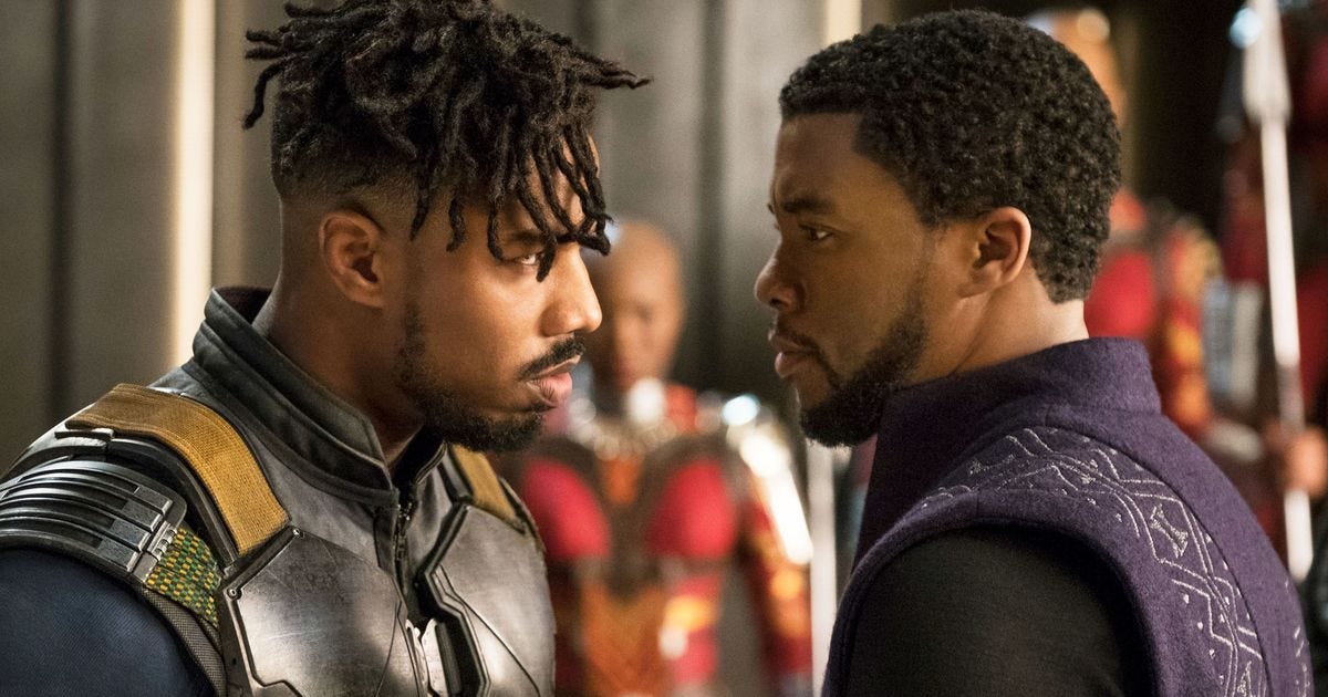 Michael B. Jordan and the late Chadwick Boseman in The Black Panther.