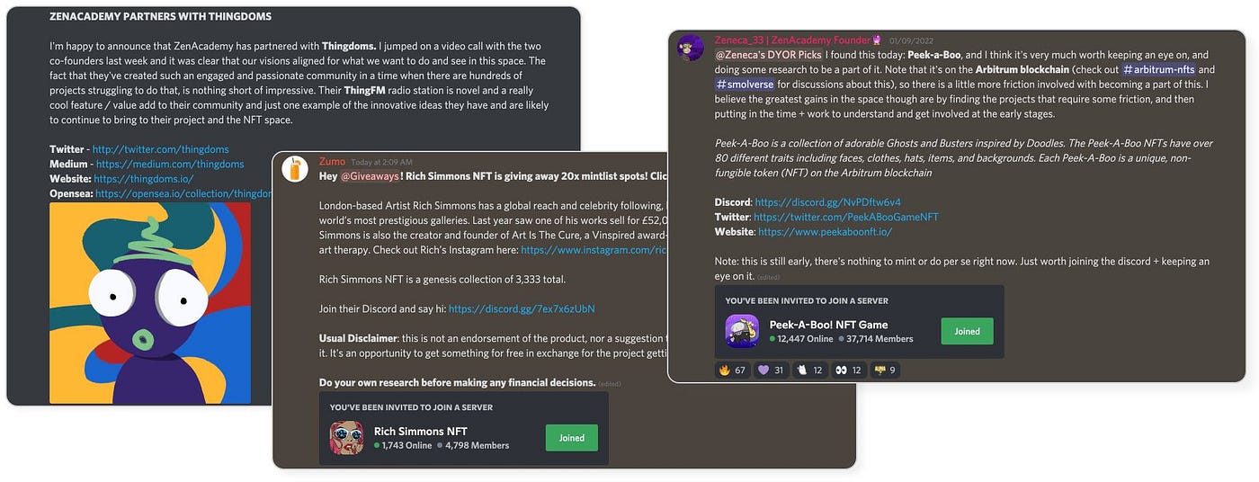 Three examples of NFT project leads on Discord
