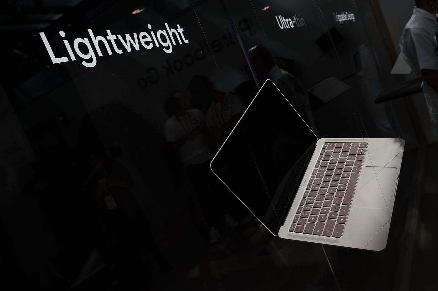 The new Google Pixelbook Go laptop is displayed during a launch event on October 15, 2019. $649 is the starting price.
