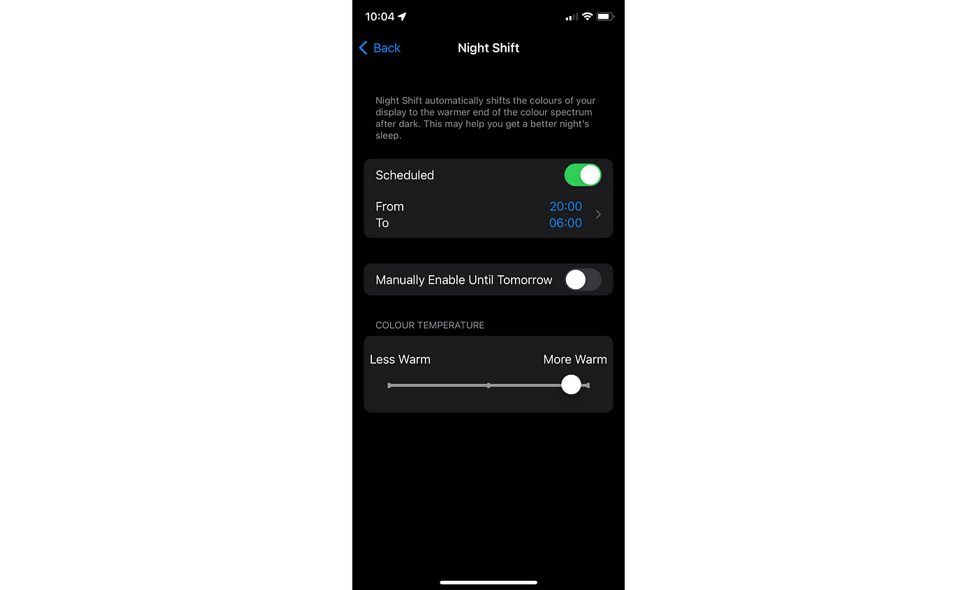 iPhone screenshot showing how to turn on Night Shift in Settings