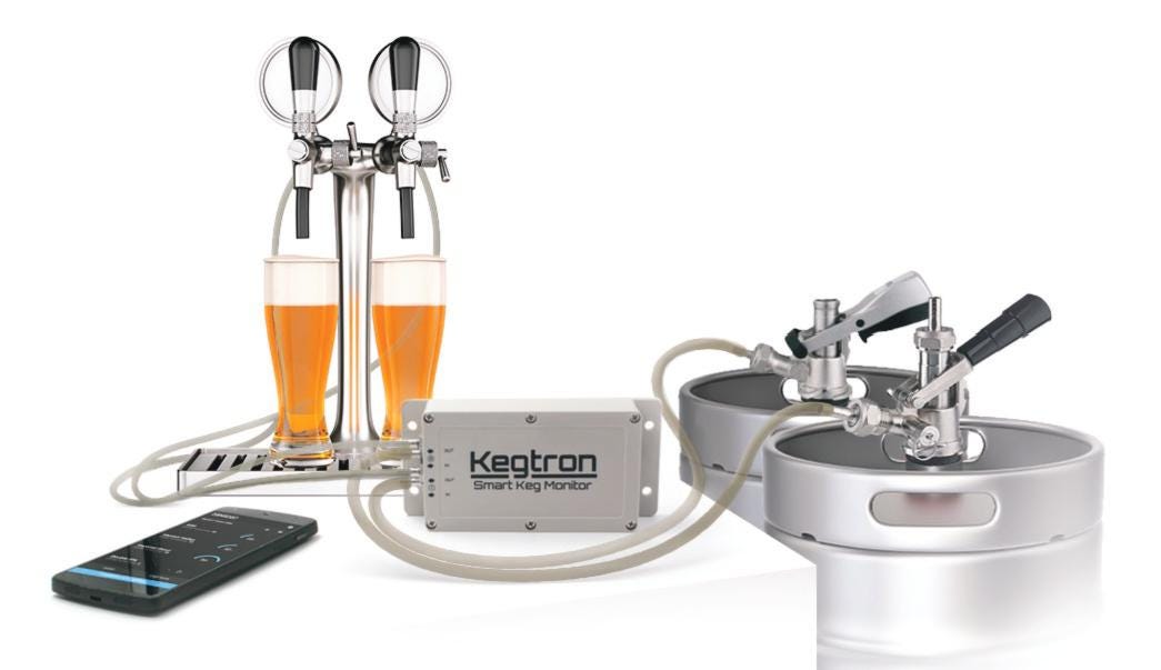 Kegtron system shown with keg monitor hardware and phone app