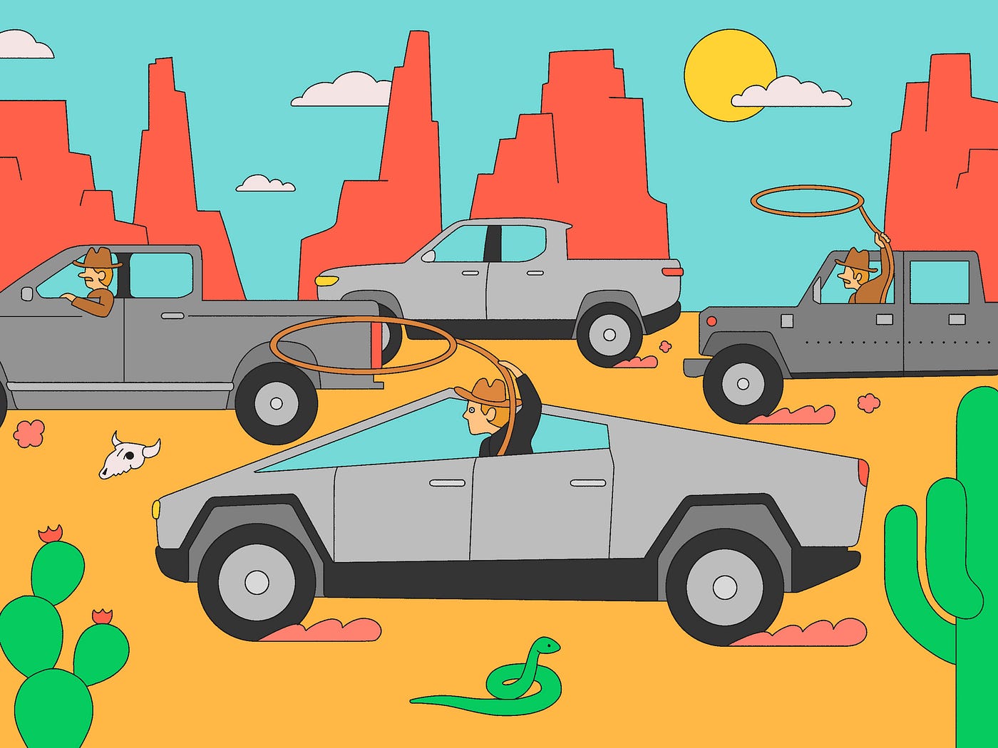 An illustration of cowboy characters with lassos driving Tesla Cybertrucks.