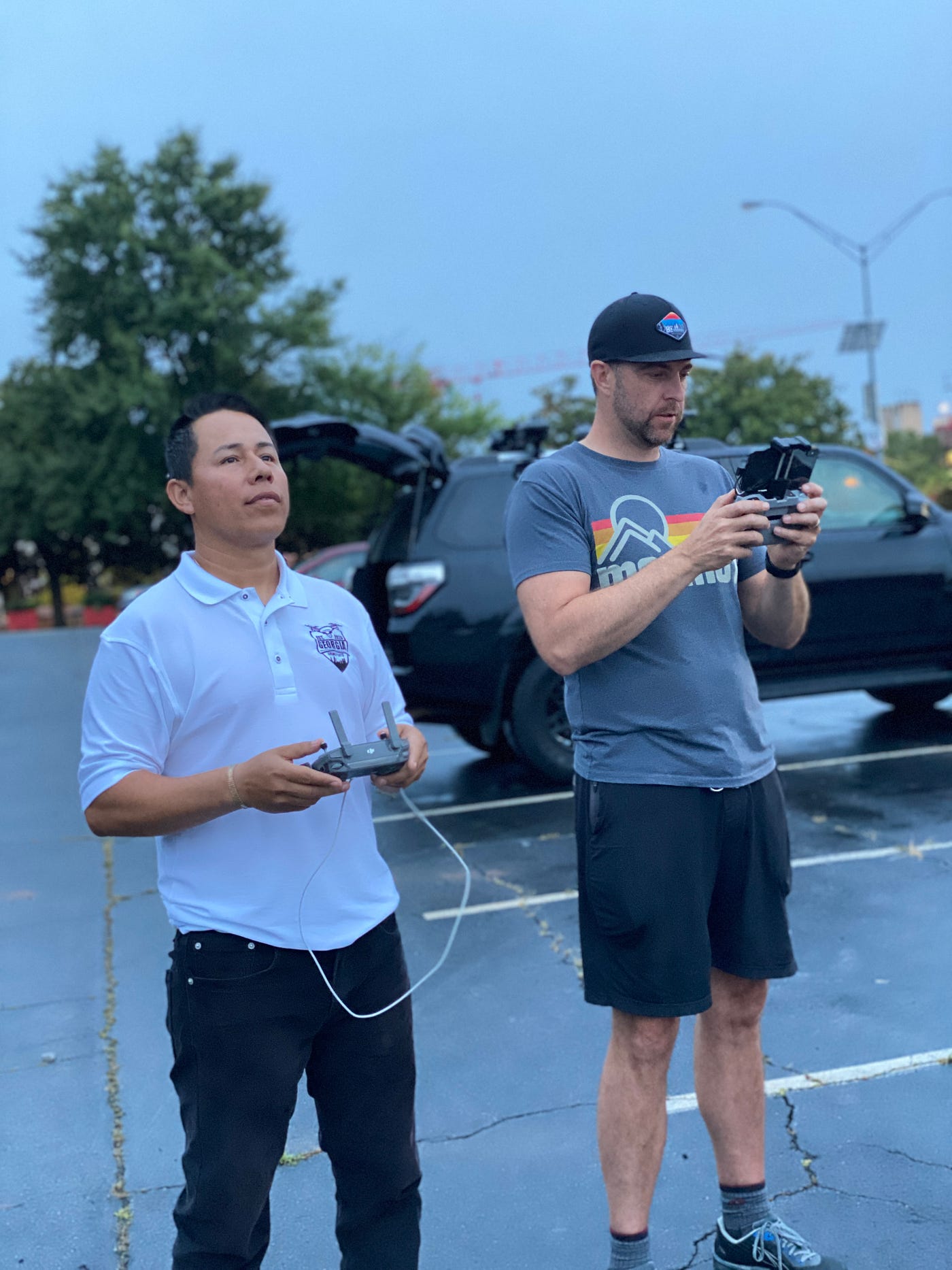 Pilots from the Georgia Drone Pilots Facebook Group fly together during a monthly meetup where they discuss their passion and share tips, tricks, and techniques with each other.