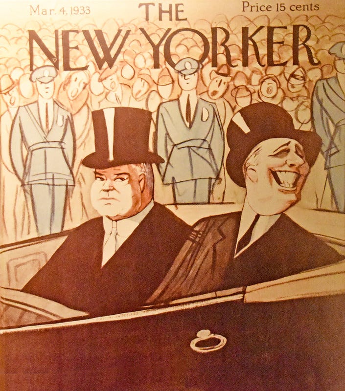 A cartoon of FDR smiling and Hoover looking glum on the cover of an old New Yorker magazine