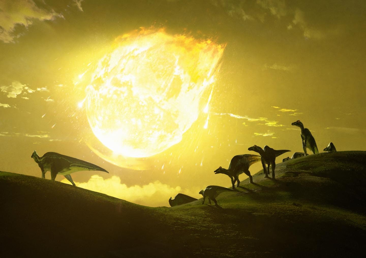 Dinosaurs watch as a massive asteroid burns up on its way to a fateful impact with Earth.