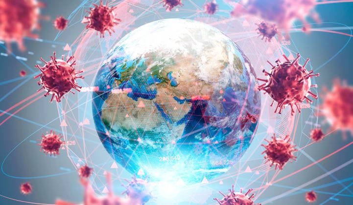 A picture of the earth surrounded by virus spores.