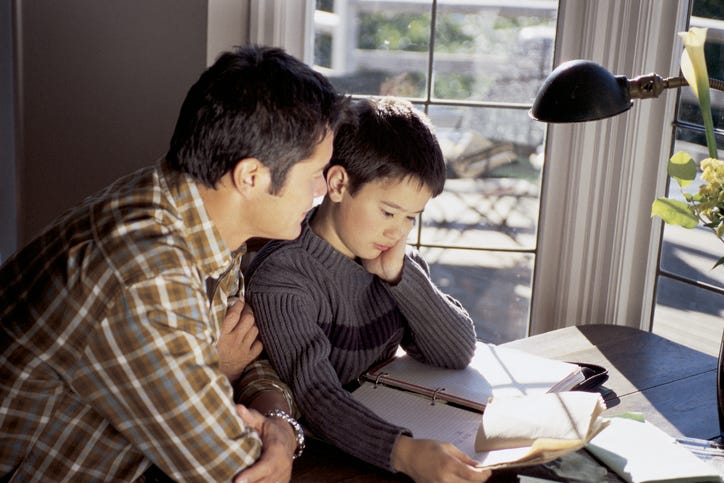 Father and boy reading