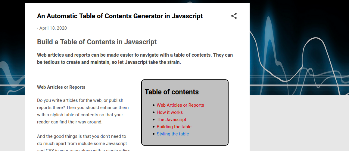 An Automatic Table of Contents Generator in Javascript
