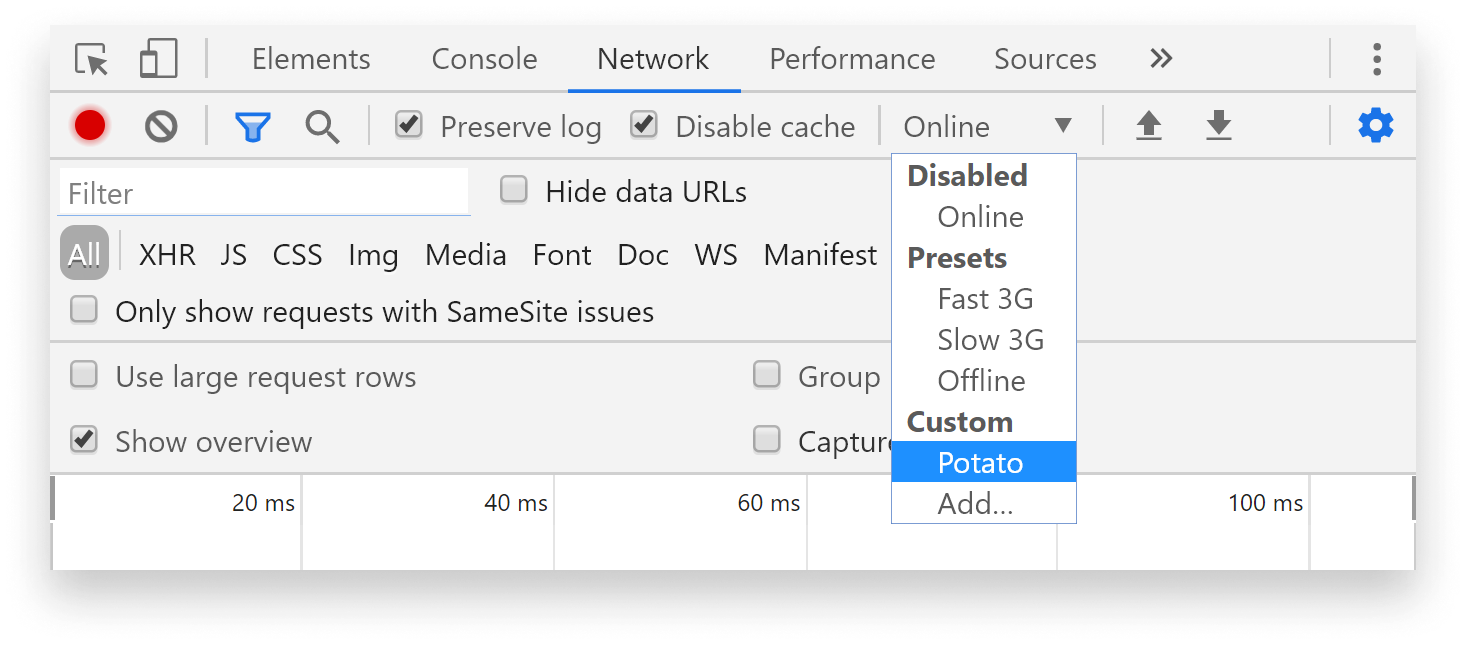 Enable throttling in the network request tab