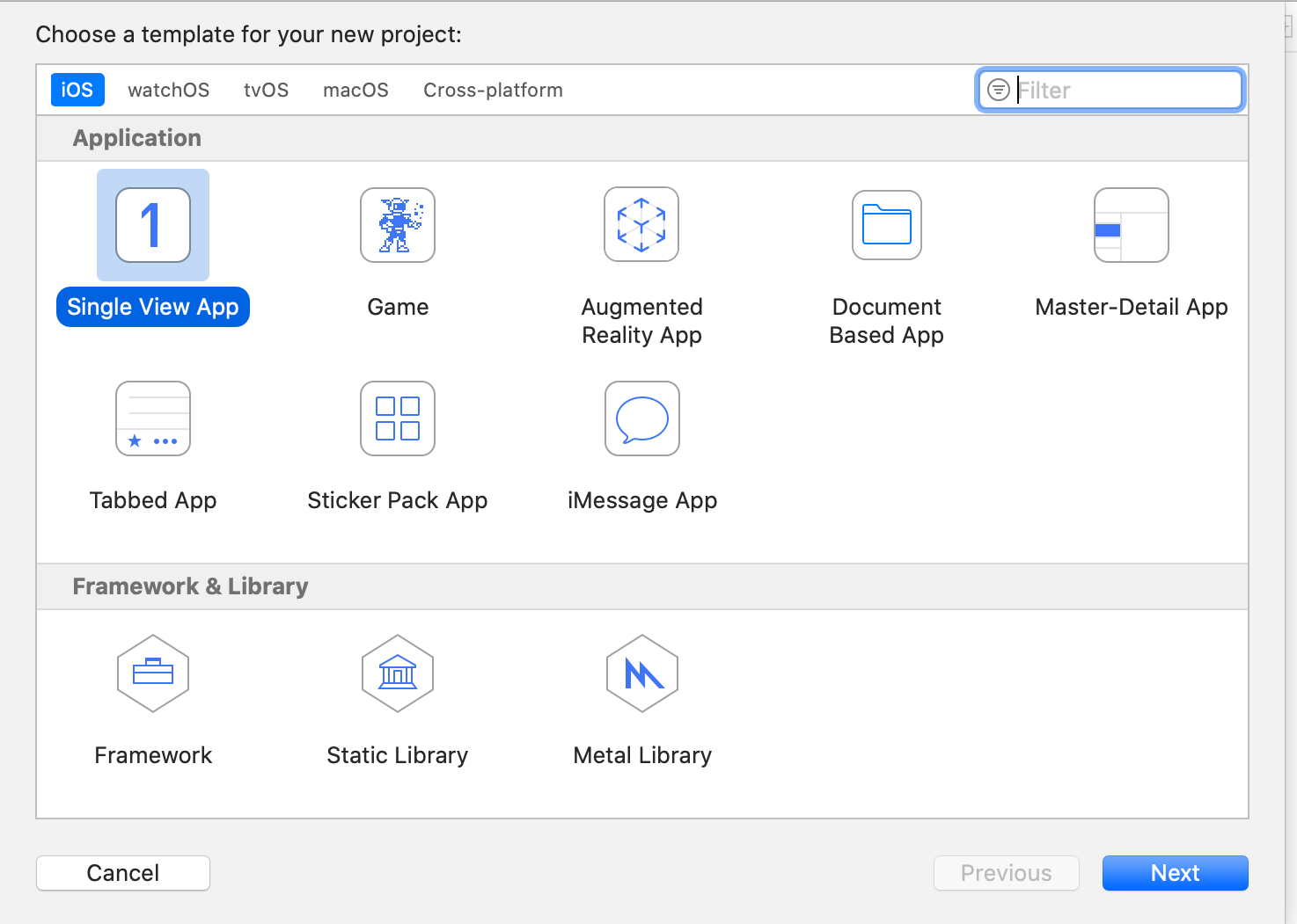 Choosing single view app in Xcode