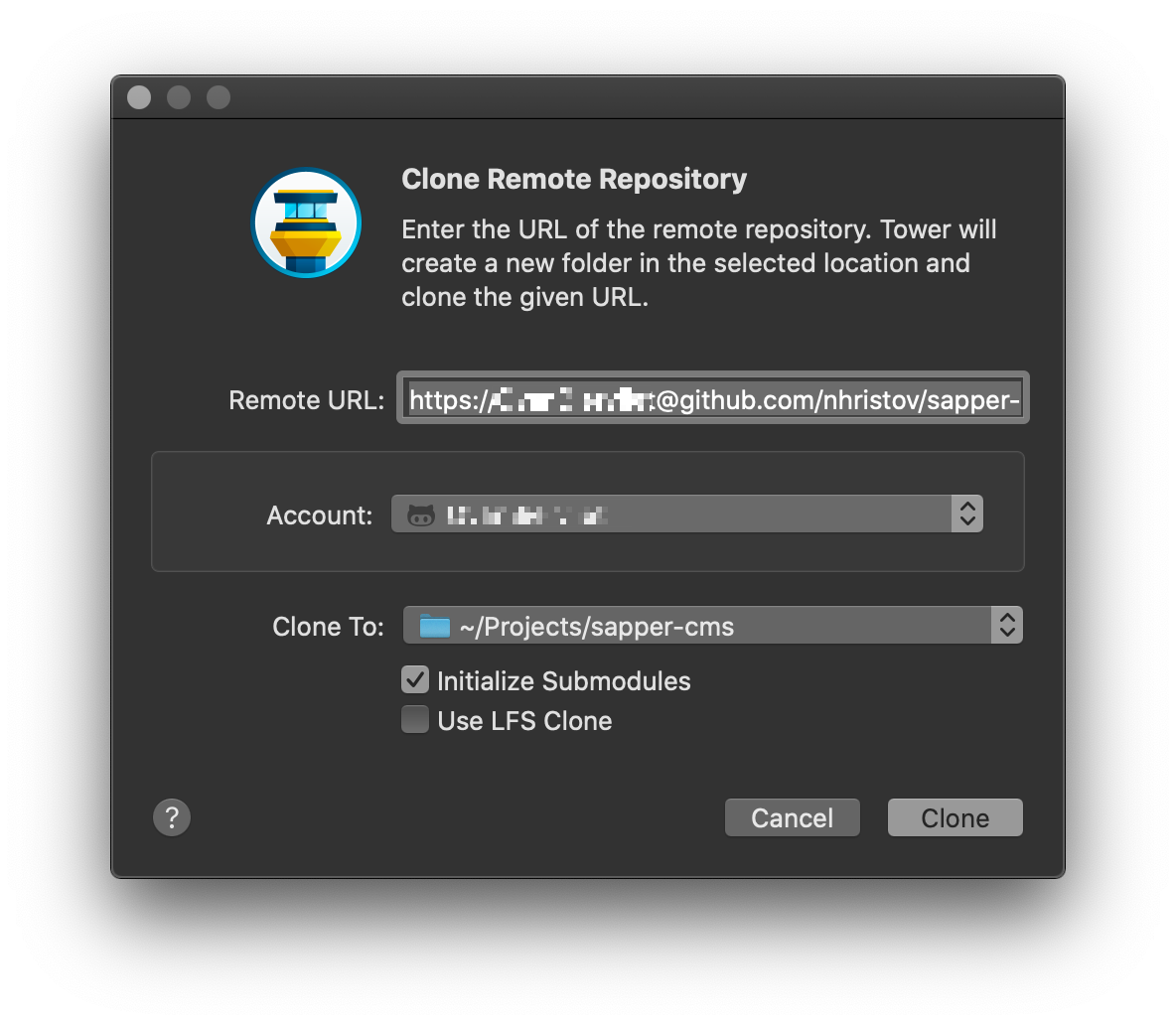 Clone Remote Repository dialog box from Tower GIT client