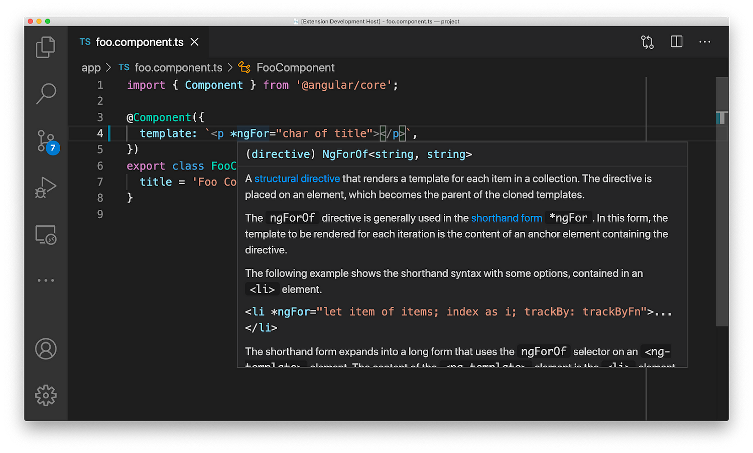 Screenshot of intellisense style insights in Angular templates.