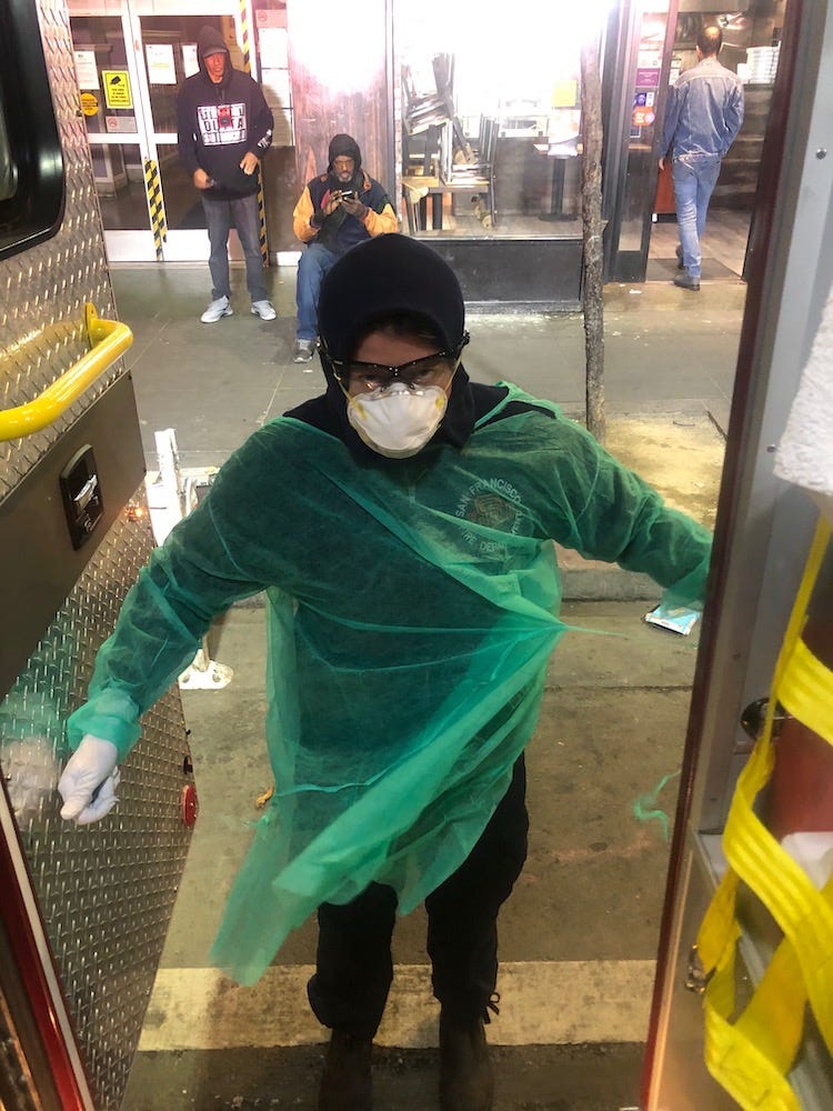 California Firefighter Paramedic, Angelica Tanzillo, wears additional medical gear to protect herself from Coronavirus as a f