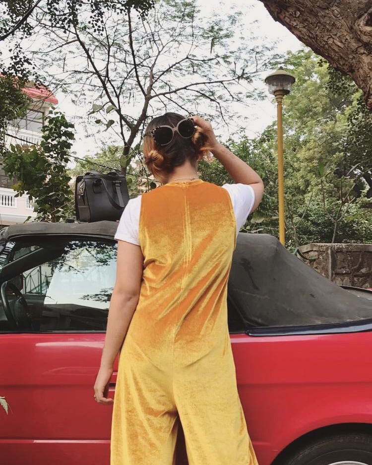 mustard velvet jumpsuit