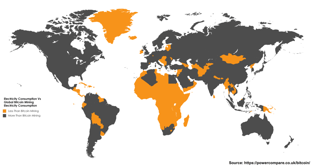  The orange areas show where global Bitcoin mining consumes more electricity than the entire country 