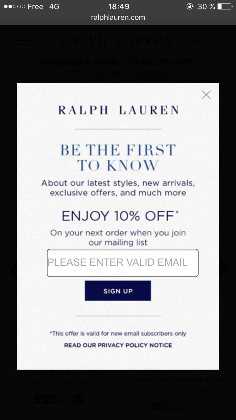 ralph lauren 10 off email sign up
