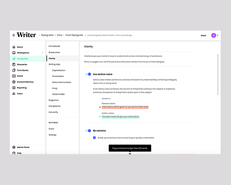 Screenshot of writing style settings