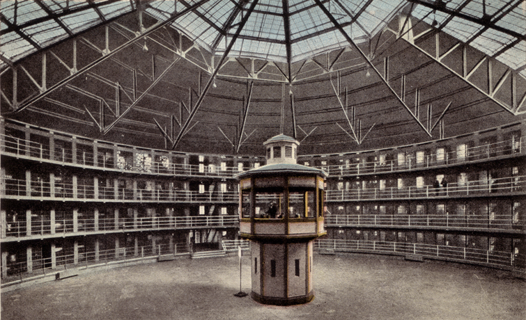 A panopticon (A prison design by Jeremy Bentham, who inspired Foucault)
