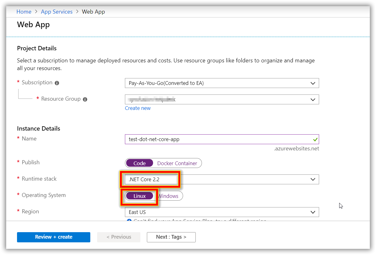 Selecting runtime stack for web app