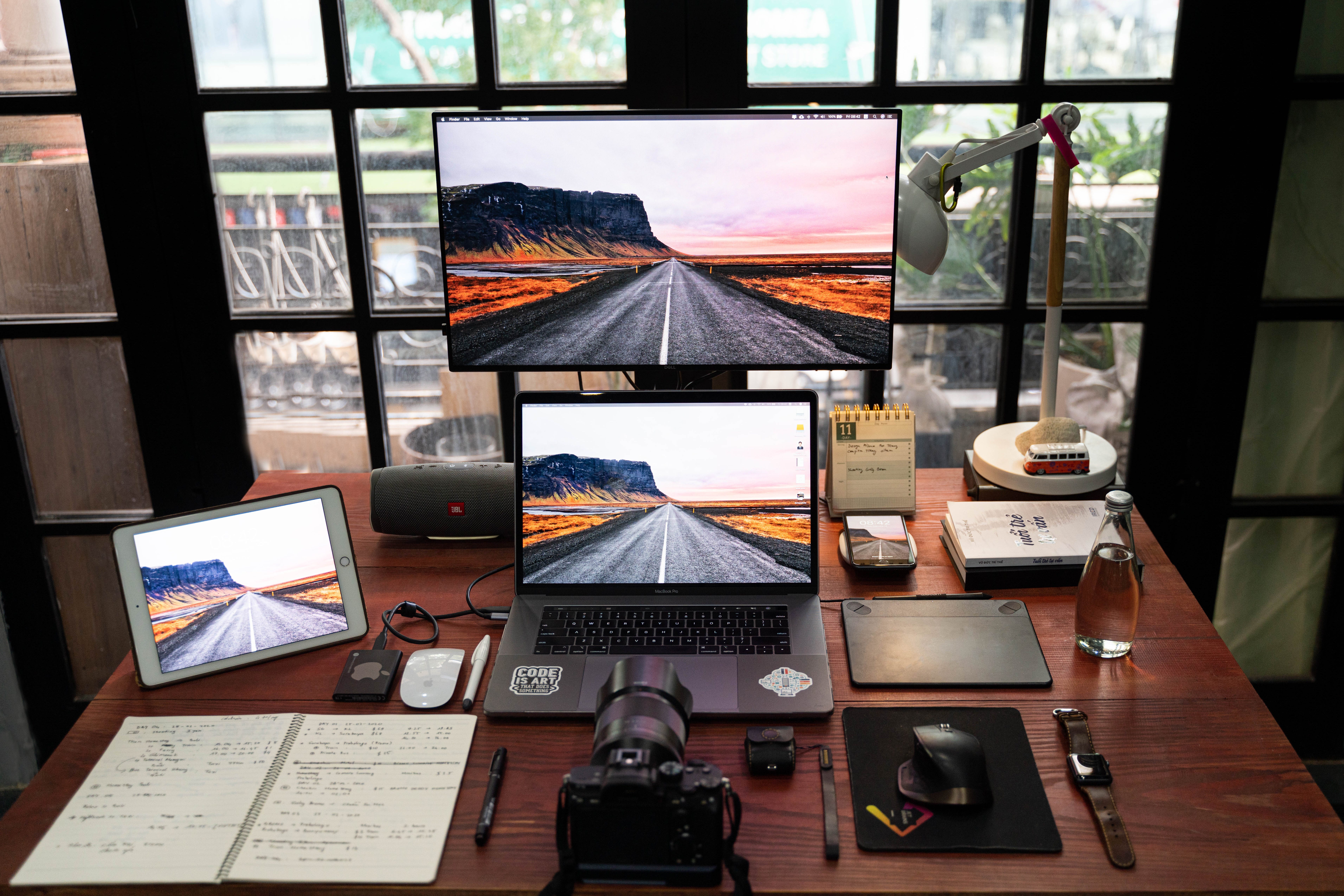 Wooden Multi Screen Office Setup for Small Room