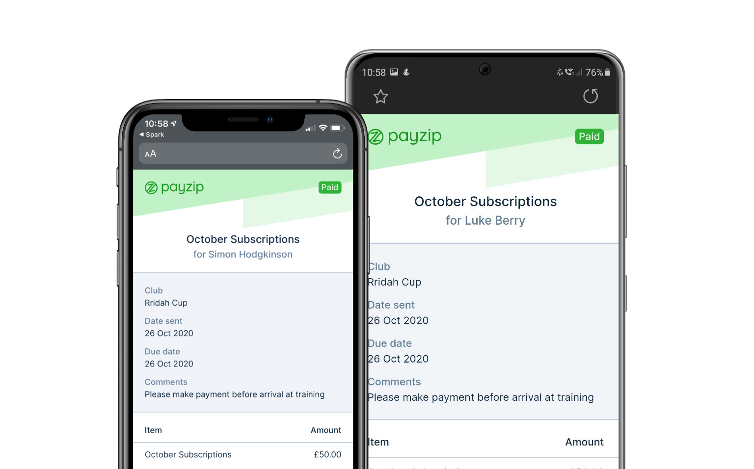 Two Payzip member receipts, one on an Apple smartphone and the other on a Google smartphone