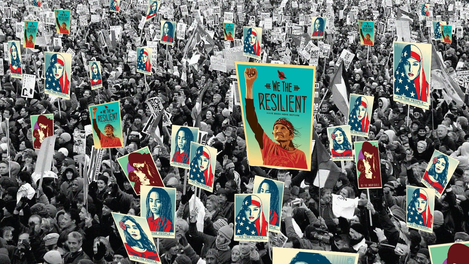 Photo montage with a black and white picture of a demonstration crowd, on the background, and the images of the We The People posters, in colour, replacing the original posters in the picture.