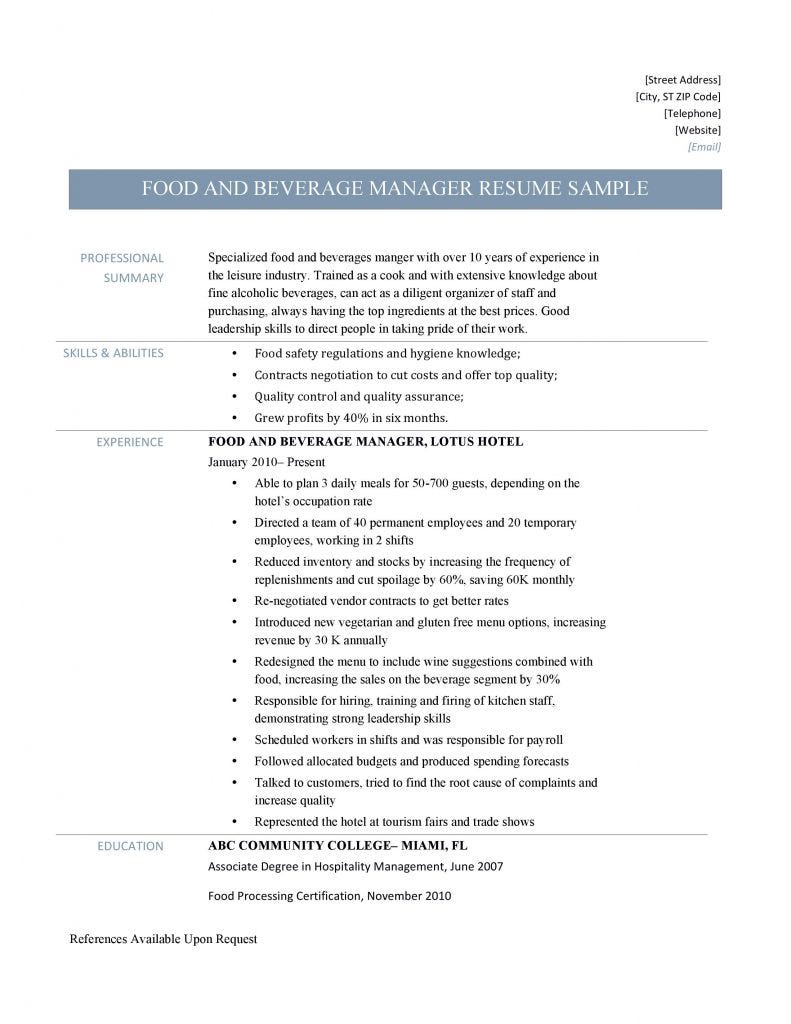 Food and Beverage Manager Resume - Online Resume Builders - Medium