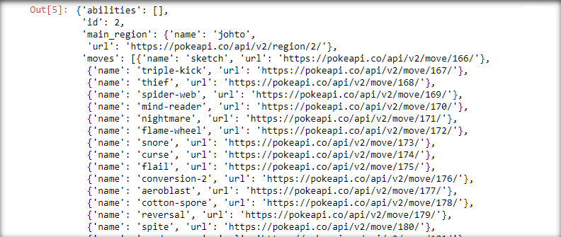 Screenshot showing code output of a JSON response from the Pokemon API.