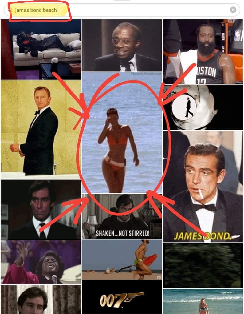 Options when searching for ‘James Bond beach” showing no images of James Bond, just Halle Berry in a “that” bikini