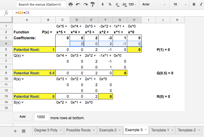 Spreadsheet Math Synthetic Division Calculator and Video by Michael