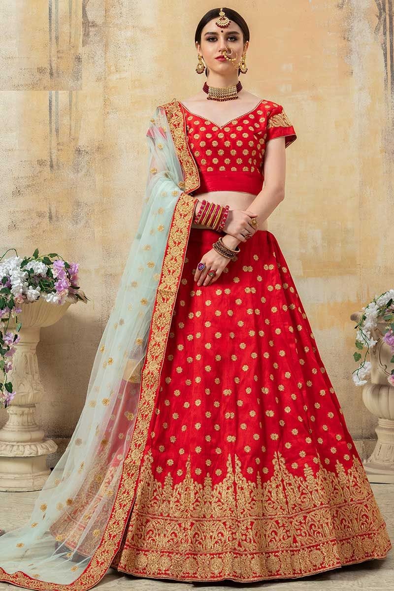 blue red bridal lehenga