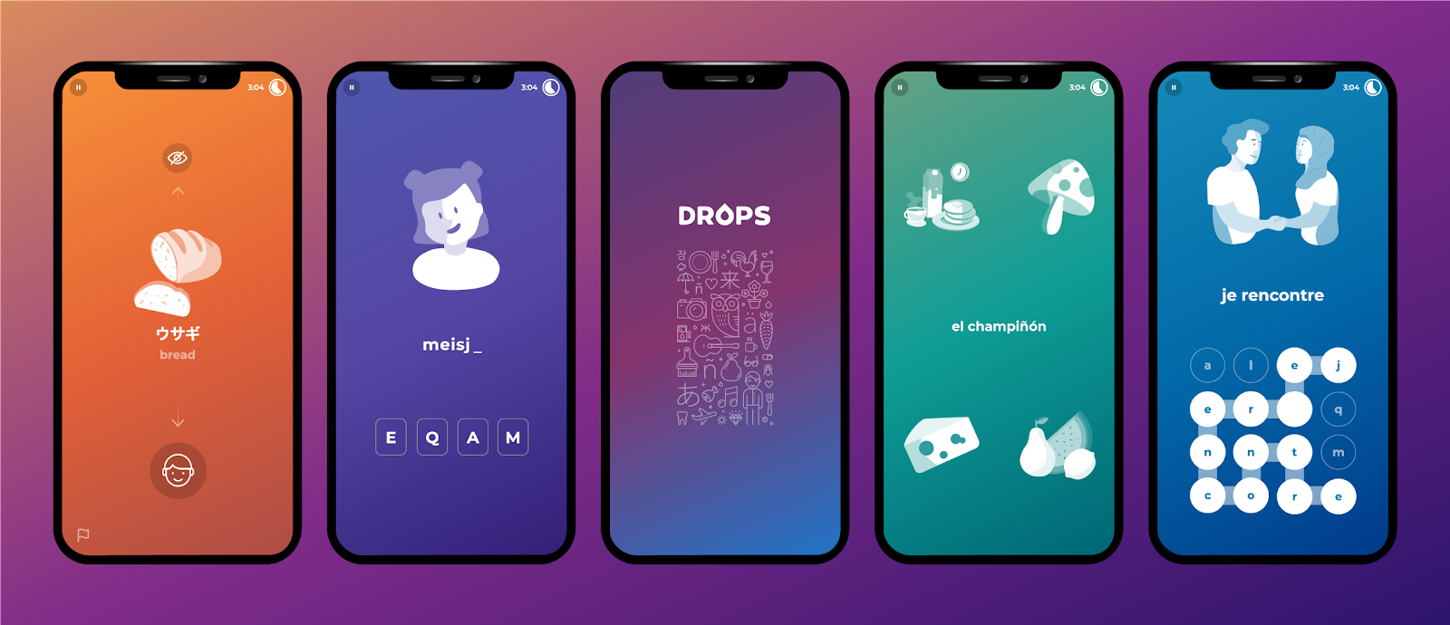 Five phones displaying different pages from Drops