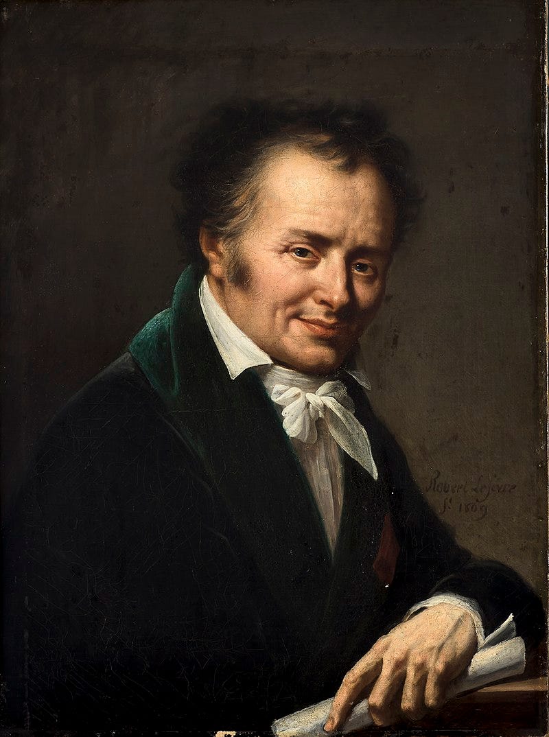 Painting of a white man wearing a white shirt, white neck tie and dark coat.