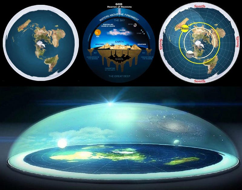 collage of 4 flat earth maps and models