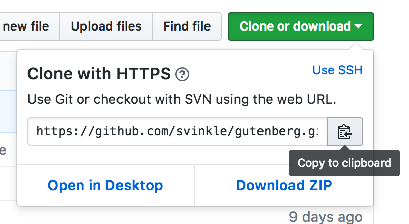 Das GitHub-Dropdown-Menü „Klonen oder herunterladen“. Innerhalb des Menüs befinden sich einige Linkoptionen zu „SSH verwenden“, „Auf dem Desktop öffnen“ oder „ZIP herunterladen“. Ein einzelnes Eingabesteuerelement enthält den Pfad zum Repository zum Klonen sowie ein Schaltflächensteuerelement zum direkten Kopieren in die Zwischenablage.