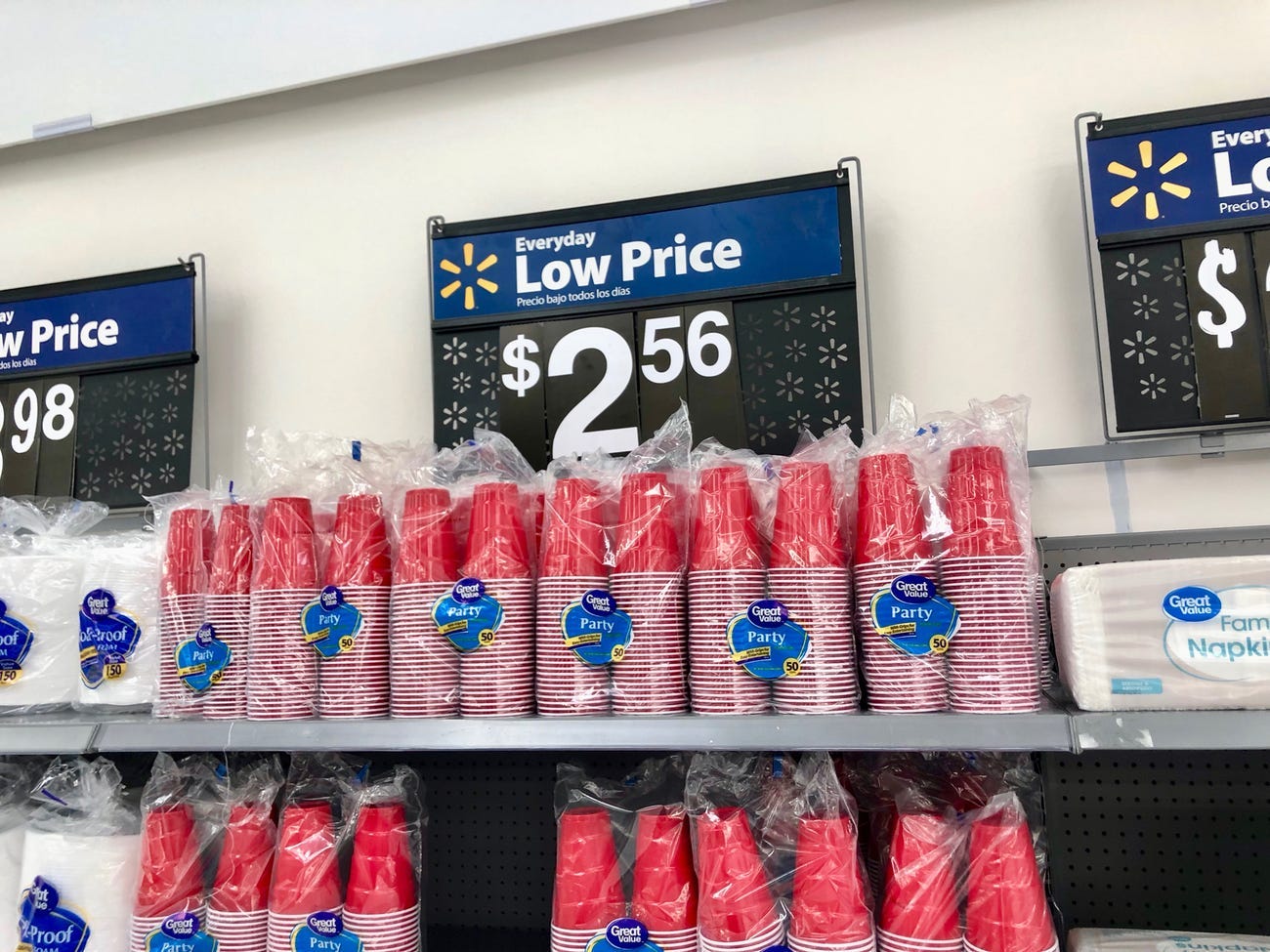 Red solo cups at a Walmart store.