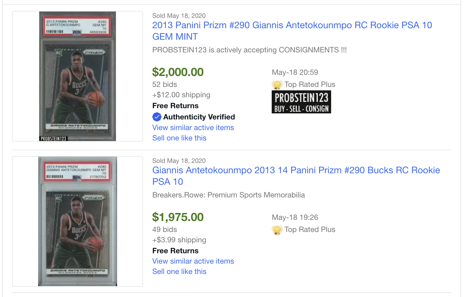eBay sold listings for a Giannis rookie card.