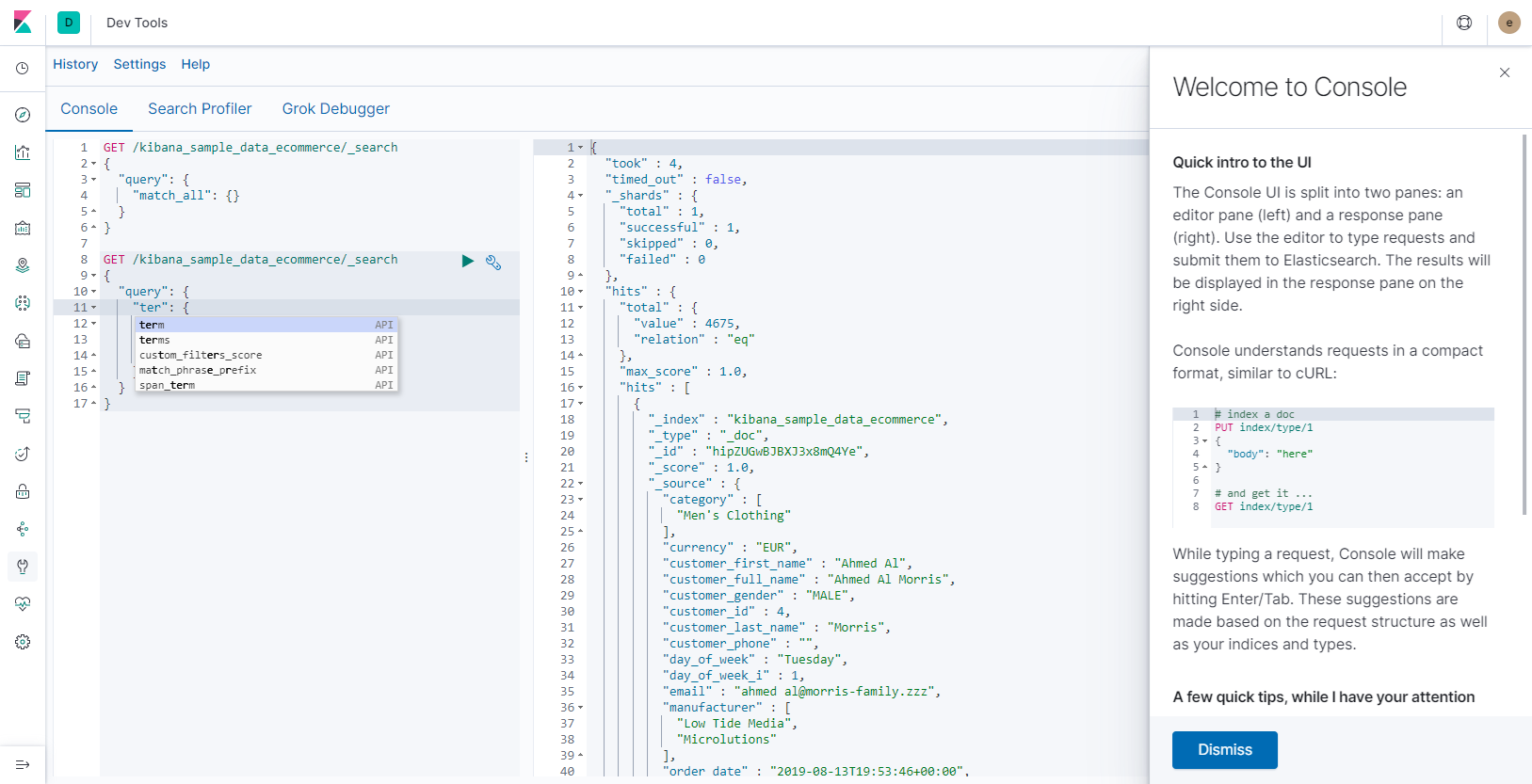 Dev Tools in Kibana