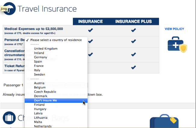 A drop down list using dark patterns forces a user to intentionaly unselect hidden costs