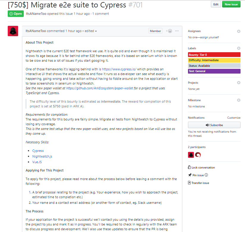 Example of requirements and information about a specific project