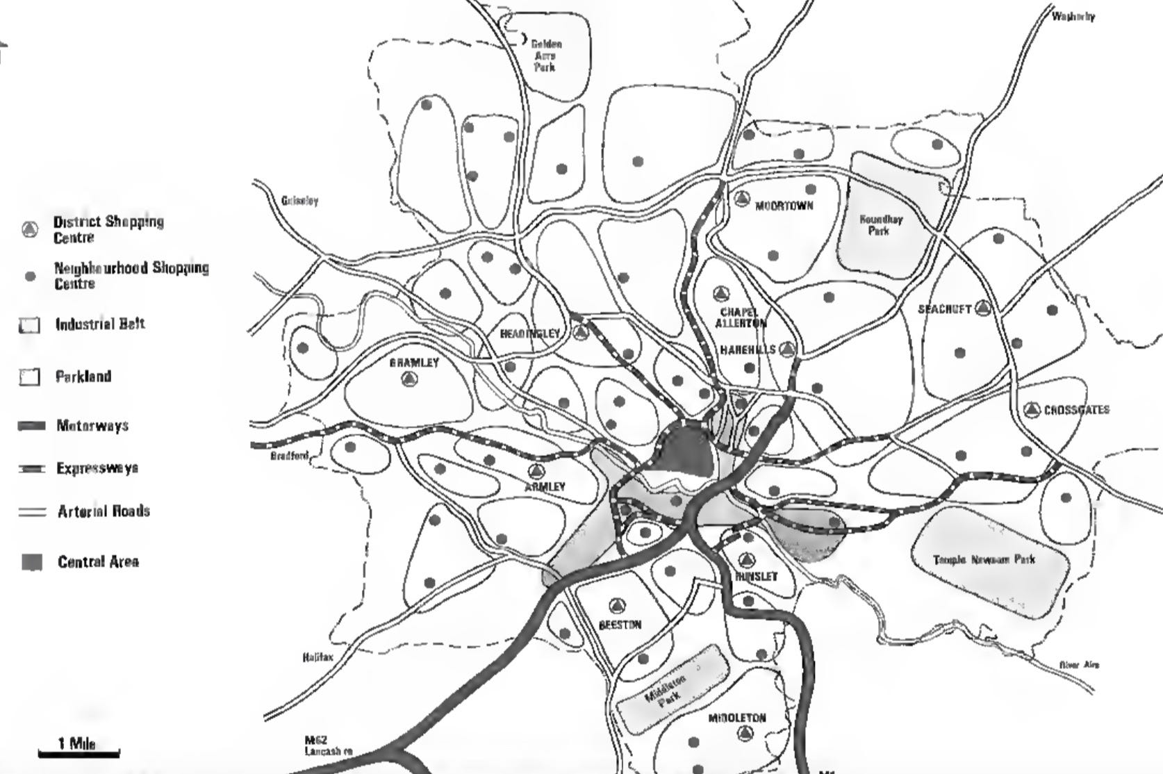 The plan for the Leeds primary road network. Source: HMSO, Planning and Transport — The Leeds Approach (1969)