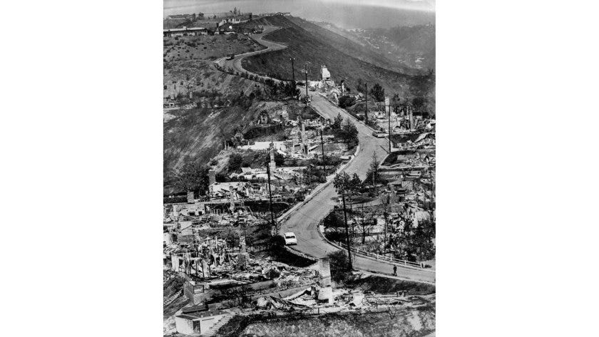 November 7, 1961: Burned out homes along Linda Flora Drive in Bel-Air. (Steve Fontanini / Los Angeles Times)