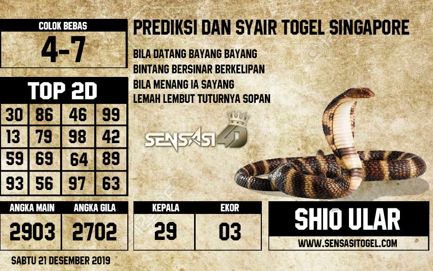 Togel Top 2D
, Prediksi Togel Akurat 21 Desember 2019 By Jhony Parlay Medium