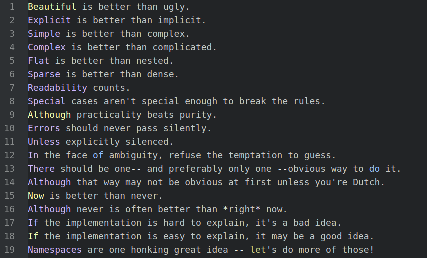Contemplating the Zen of Python. A brief analysis of the 19 guiding