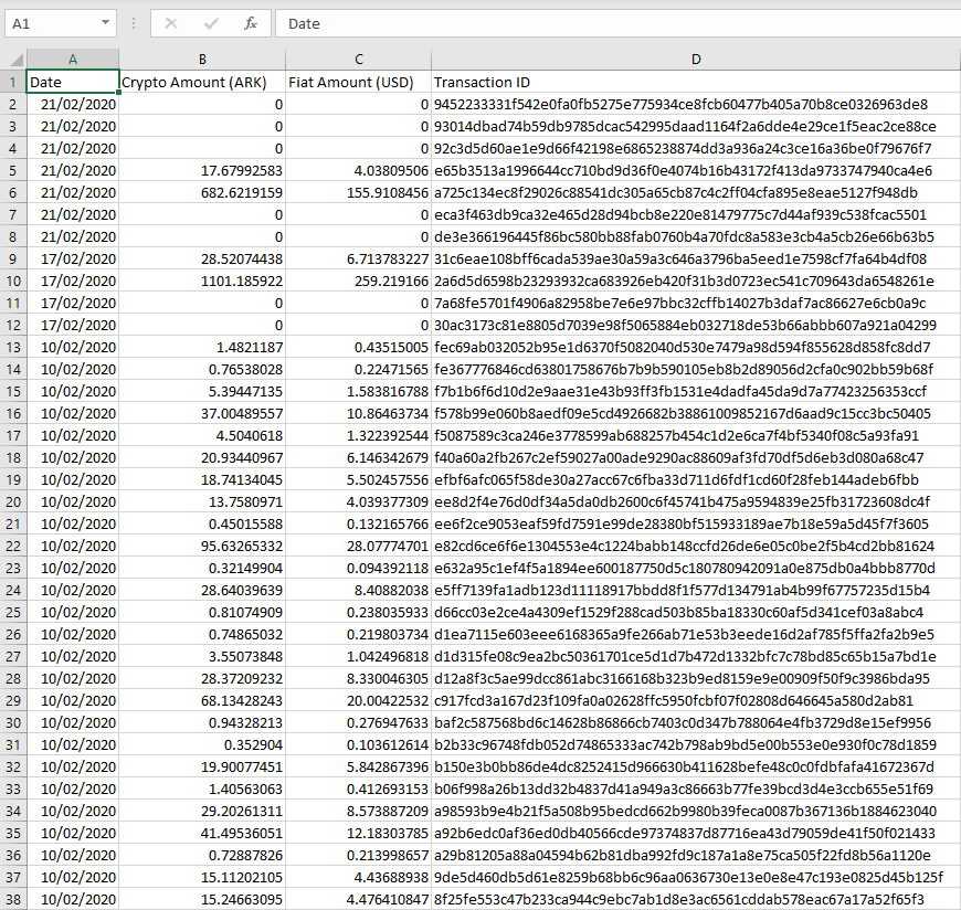 A sample of a file exported from the ARK Transaction Export Plugin